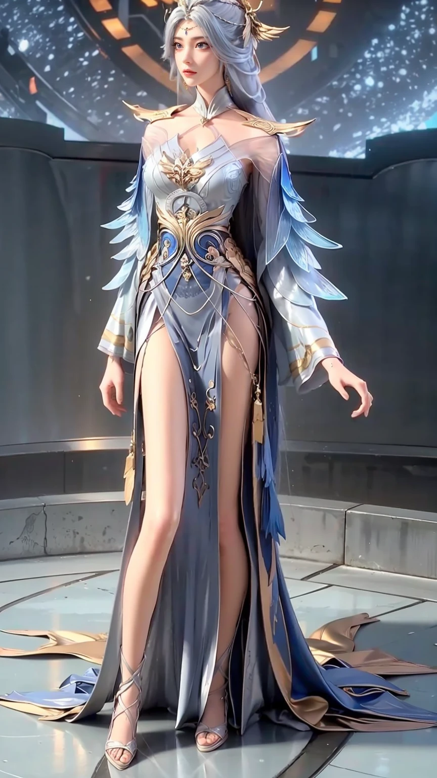 Cartoon woman kneeling on the starry sky, Water splashes at the knees,CG Social Trends, Smooth anime CG art, Starry sky background,Full body view,Royal sister kneeling posture,(((Light blue long hair))),(((Blue Eyes)))