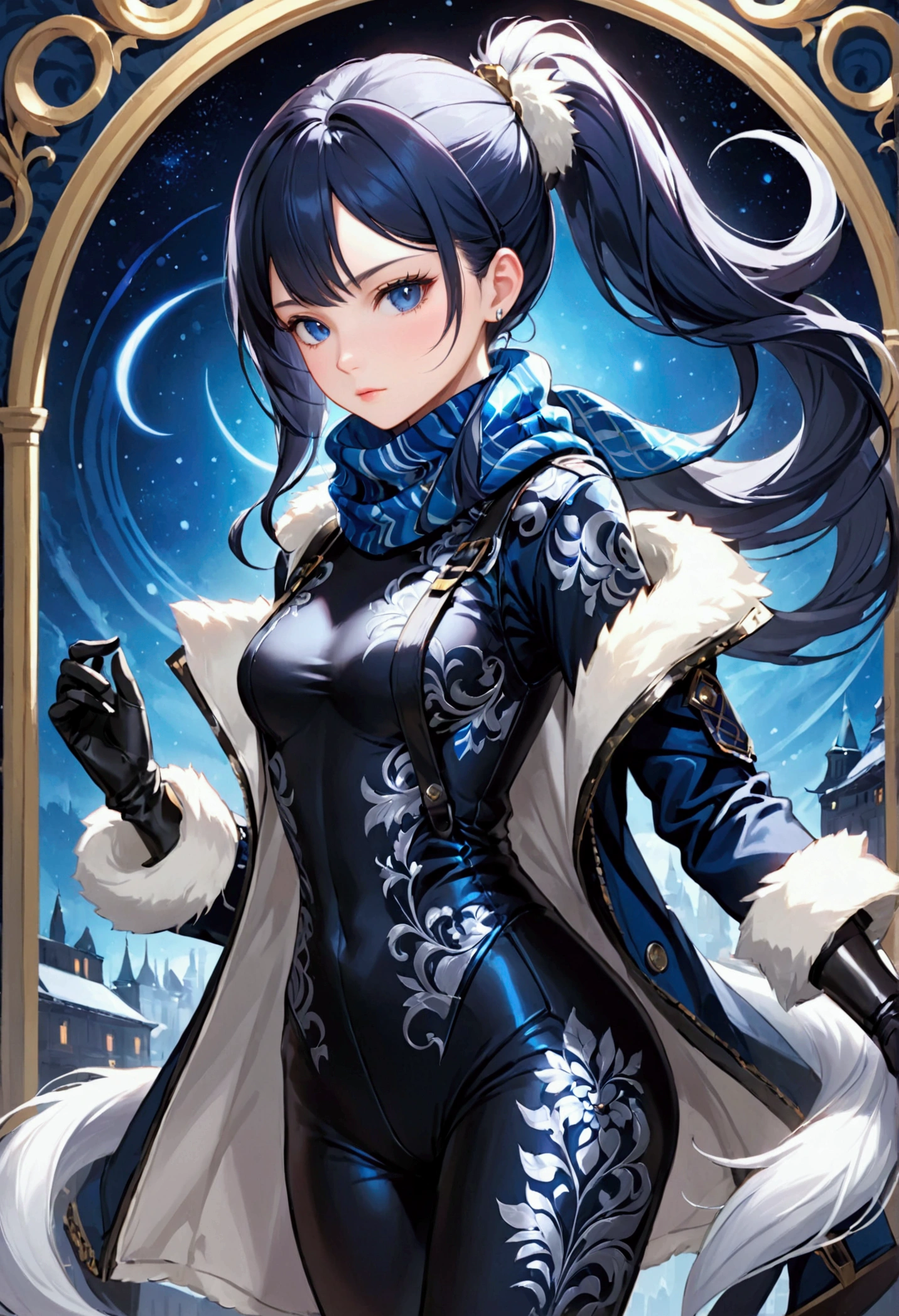 ((best quality)), ((masterpiece)), (detailed), She has long dark blue hair, with strands framing her face and a pony tail. Her outfit is a mix of elegance and combat-readiness, featuring a dark bodysuit with intricate silver patterns, a short white fur-trimmed coat, and a blue scarf. She also wears a pair of high-heeled boots, and her overall look is completed with gloves and various accessories that highlight her agile and mysterious persona.