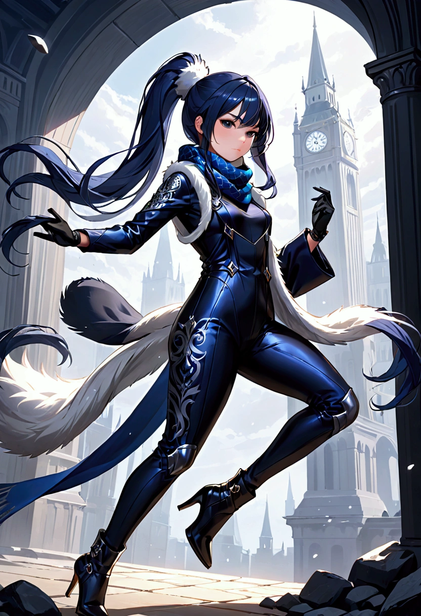 ((best quality)), ((masterpiece)), (detailed), She has long dark blue hair, with strands framing her face and a  pony tail. Her outfit is a mix of elegance and combat-readiness, featuring a dark bodysuit with intricate silver patterns, a short white fur-trimmed coat, and a blue scarf. She also wears a pair of high-heeled boots, and her overall look is completed with gloves and various accessories that highlight her agile and mysterious persona.