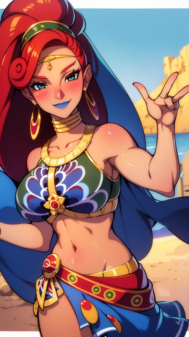 best quality, high resolution, large breasts, red hair, blush, smile, cowboy shot, looking at viewer, Urbosa, blue lip, muscular,