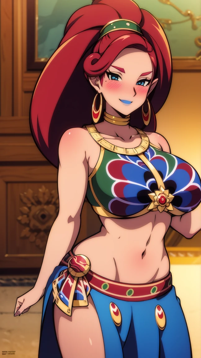 best quality, high resolution, large breasts, red hair, blush, smile, cowboy shot, looking at viewer, Urbosa, blue lip, muscular,