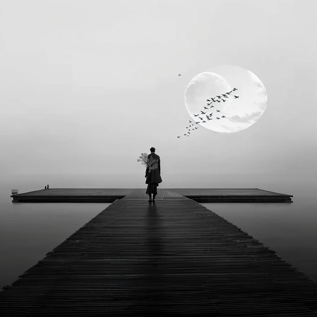 Arav man standing on the pier,Watching the birds flying in the sky, Black and white art photo, Surreal photosgraphy, Fanhao Photography, Collage style joseba elorza, Amazingly simple composition, Surreal photos, Misha Gordon, by Cheng Jiasui, A man sitting on the pier, AuthorShang Xi, sense of mystery and loneliness