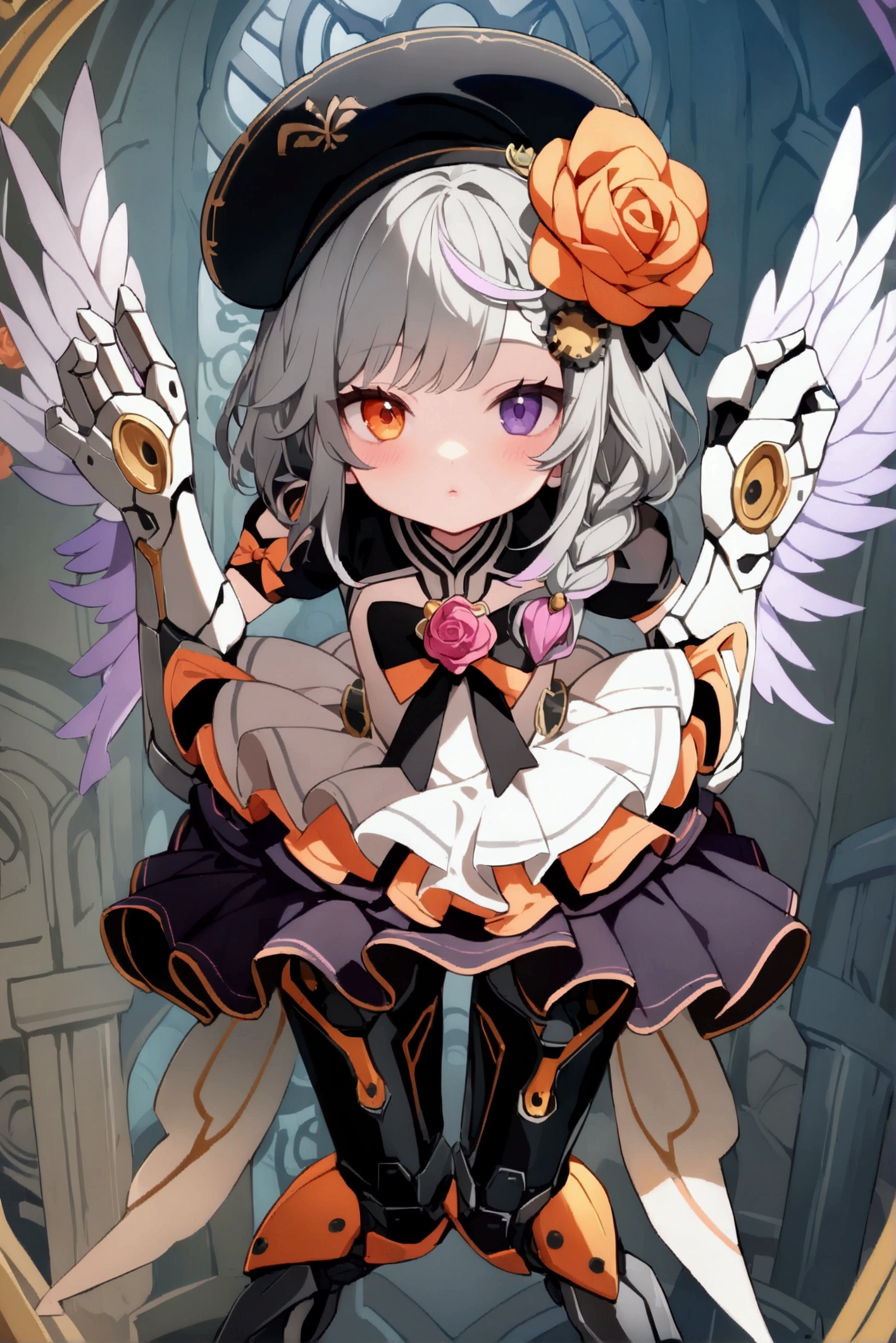 woman 160 cm tall, slim build, , charming look, ((heterocromia: look like, derecho naranja y look like izquierdo violeta)), (Shoulder Length Wavy Gray Hair, He has a medium braid on the left side of his hair on his chest., big open bangs, has a gear hairpin on the right side of the hair), (((complex mechanical legs up to the hip, The legs are black with gray parts with small pink details))), (((complex mechanical arms up to the elbows, The arms are black with gray parts with small pink details))), (complex mechanical angel wings of white color with dark gray parts), (elegant black French beret with an orange rose ribbon), (elegant thigh-length one-piece dress, short bell skirt, short sleeves, elegant black hip belt with orange parts, small rose brooch in the middle of the chest, beautiful stiletto heels with a medium ribbon at the back, blue and black ribbon decorations on the dress, small gears on the skirt of the dress), (((character design sheet: Front view))), ((full body)), extremely detailed beautiful hair, beautiful detailed dress, extremely detailed arms, extremely detailed face, (Extremely detailed hands), perfect hands, small face, hermosos look likes detallados, beautiful detailed lips, adorable, extremely detailed legs, (Best Quality, 8k, Ultra resolution), ultra detailed, Exquisite and epic character art, ((White background)), (Focus on symmetry).