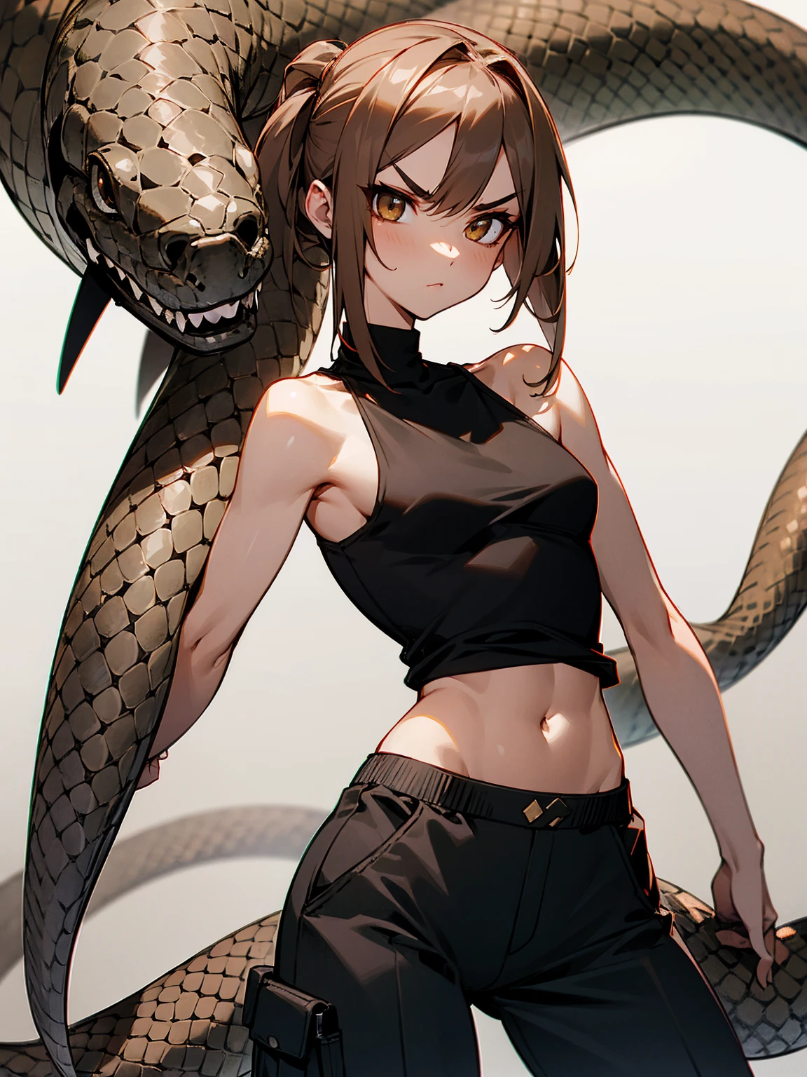 1female, snake eyes, brown snake hair, scaly skin, tank top, black baggy pants, serious,