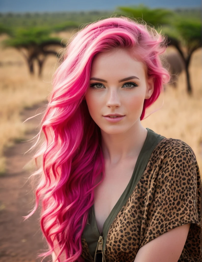 Very attractive 25 year old caucasian female with long wavy bright pink hair, on safari in Tanzania, photo quality
