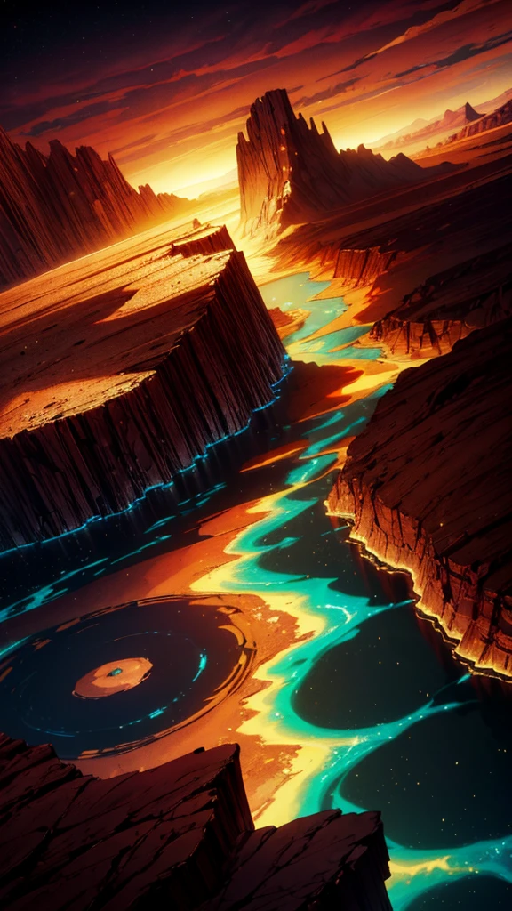 Quiet desert, Bioluminescent veins run through the desert plains, Flat desert, Red and Gold color scheme only, Red and Gold colors only, Red and Gold, From the abyss, Stormlight Archives, Studio Ghibli, Animation main visual, author:Shinkai Makoto, Dark, complex, 8k resolution concept art, Natural Lighting, Beautiful composition, Xianxia style