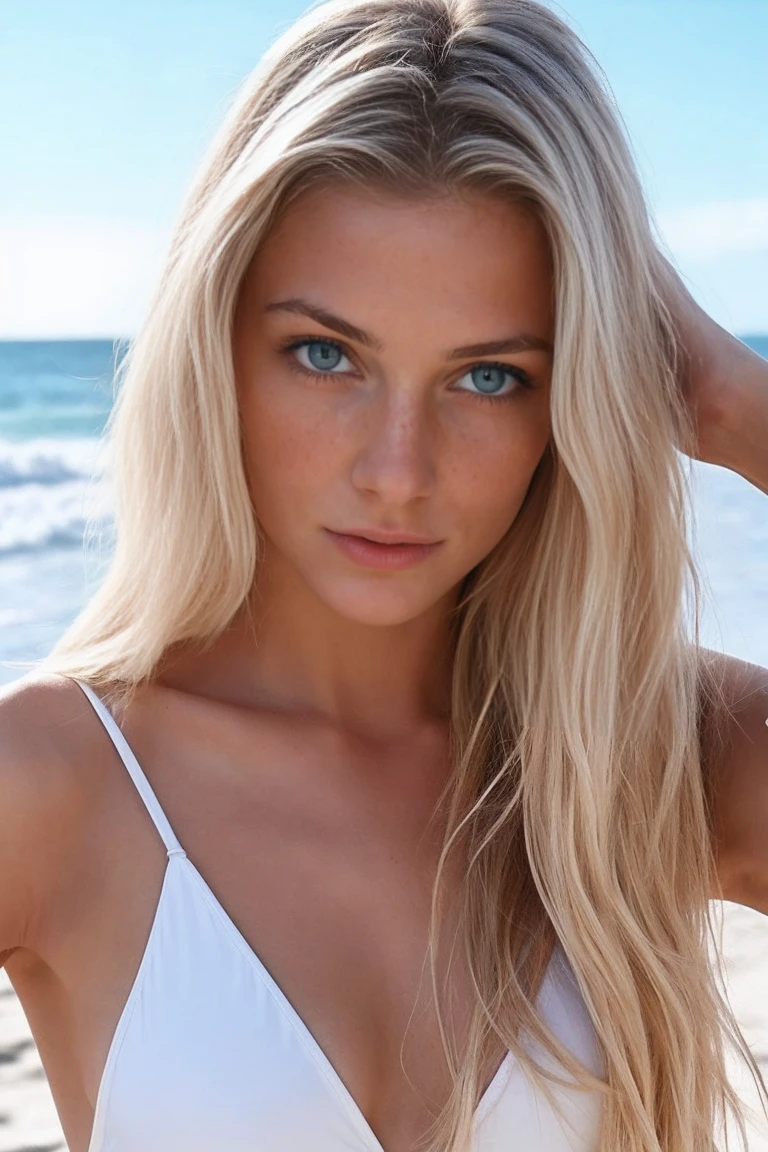 Instagram profile photo, superealistic woman, blue eyes, long blonde hair, wearing a white swimsuit, on the beach