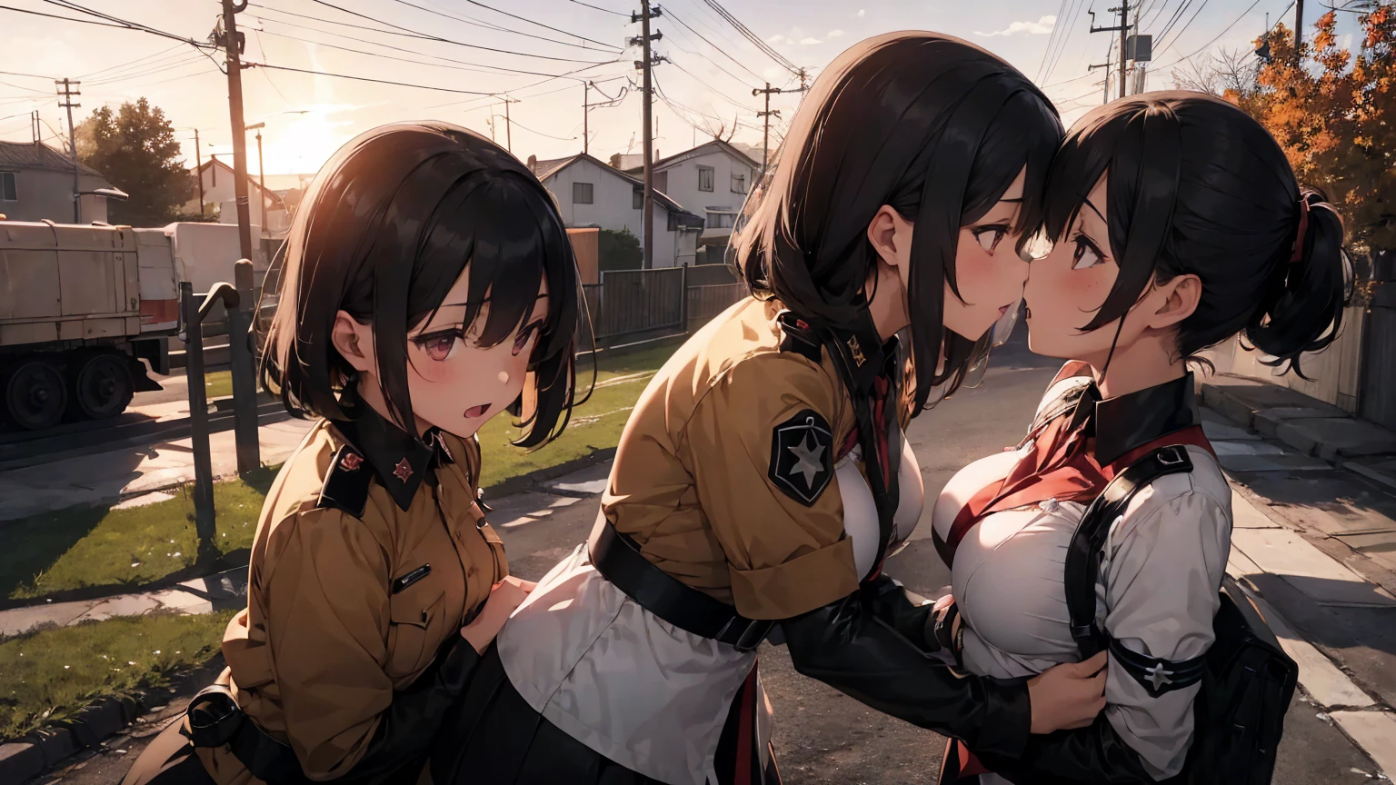  Gestapo uniform, female lesbian  kawaii sisters kissing passionately with T-54 military tank. wearing Luftwaffe uniforms. 8k. masterpiece. best quality. best artwork. lingerie. Swastika insignia red armband. bare breasts. sunset