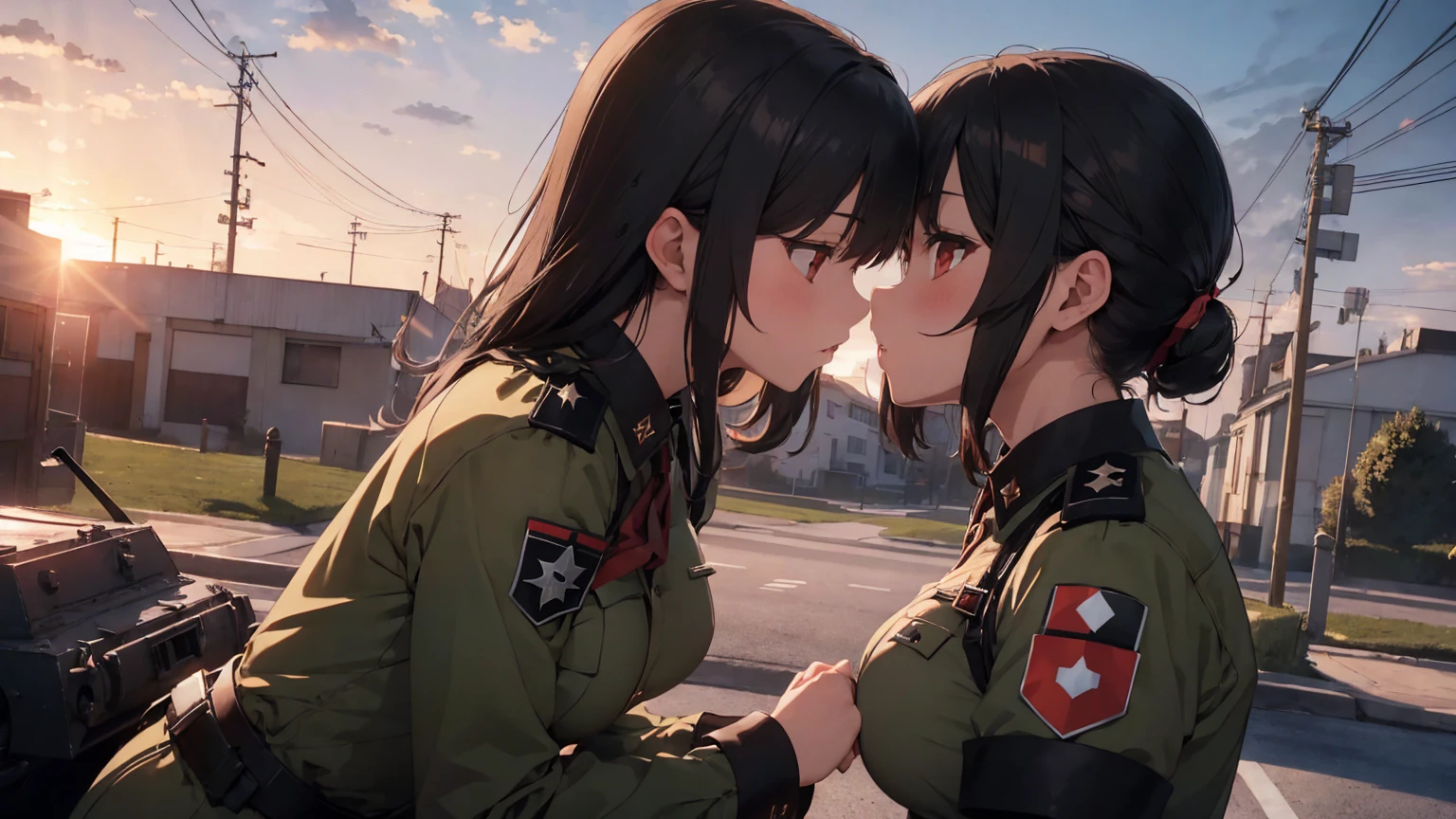  Gestapo uniform, female lesbian  kawaii sisters kissing passionately with T-54 military tank. wearing Luftwaffe uniforms. 8k. masterpiece. best quality. best artwork. lingerie. Swastika insignia red armband. bare breasts. sunset
