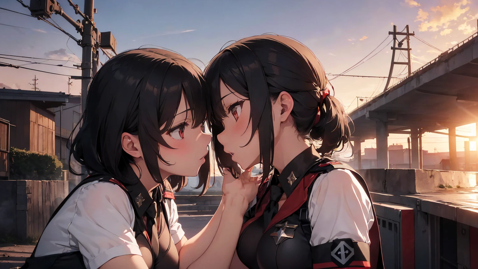Gestapo uniform, female lesbian kawaii sisters kissing passionately with T-54 military tank. wearing Luftwaffe uniforms. 8k. masterpiece. best quality. best artwork. lingerie. Swastika insignia red armband. bare breasts. sunset
