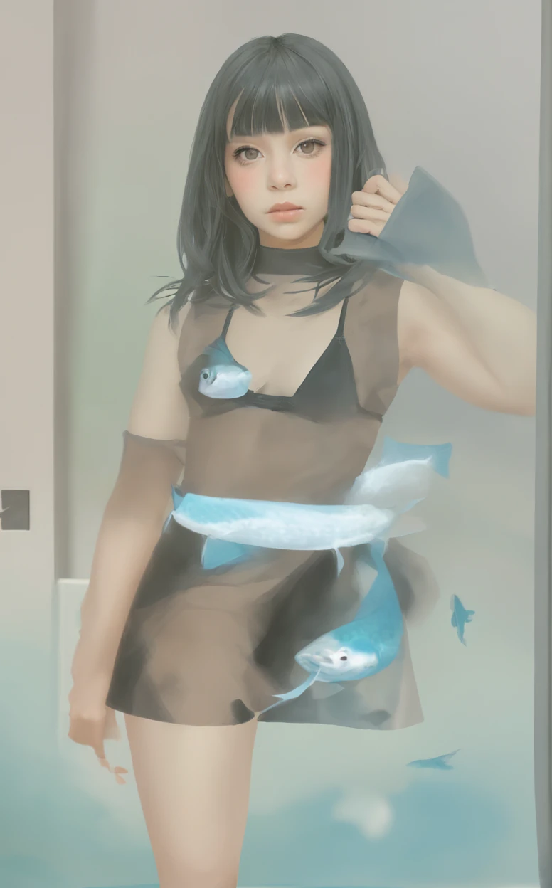 A girl with black grey hair and bangs swims with fish, realistic girl, brown eyes