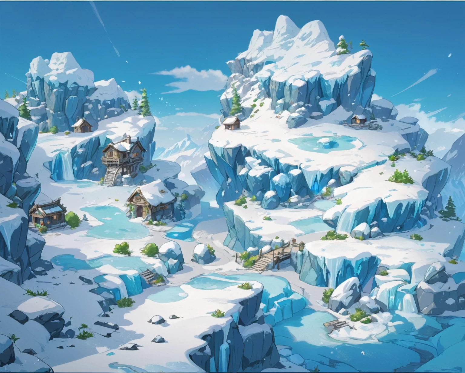 传奇皮肤“glacier,Snowfield,Snow White,glacier,Stone,Cave,Stone House,glacier雪原场景,Green Plants,Cartoon Style,Game scene