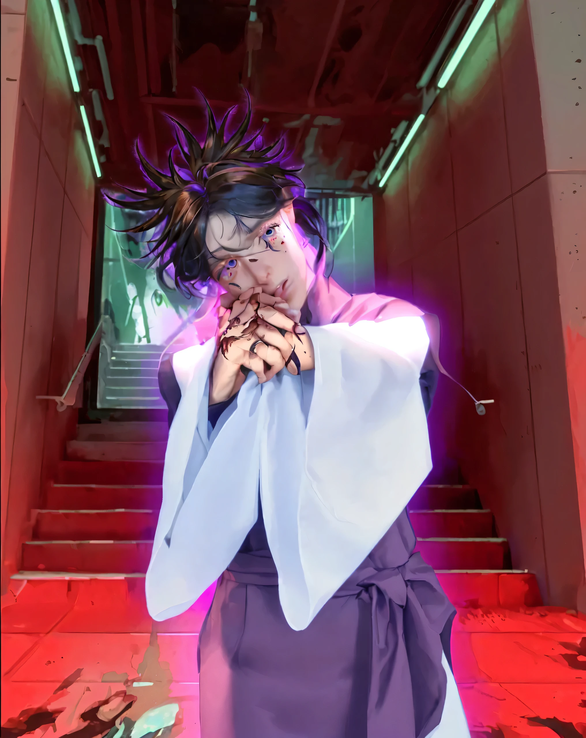 ( CHOSO_JUJUTSU NO KAISEN),((realistic, photorealistic)),(highlight hair)), Light reflection, (( HD )),((upper body)), (((best quality, masterpiece))), (masterpiece) (best quality) (detail) (8k) (HDR) (wallpaper) (cinematic lighting) (sharp focuasterpiece, best quality: 1.1), Real life adaption of this character, realistic outfit, realistic shadow, realistic light, realism, hyper realistic, realistic background,realistic hair,(photorealistic:1.2), (masterpiece: 1.2), (best quality: 1.3), (clear details: 1.3), ((((ultra-detailed)))), ((detailed eyes)), (extremely detailed face:1.4), (highly detailed eyelash:1.6), highly detailed eyes, sharp details, high contrast, (shiny skin), 1boy,Shibuya train station background, Stairs lead to the bottompurple and blue gradations, glow effect, smoke, shadow,gradient hair,Lines under the eyes, blood stains on hands,