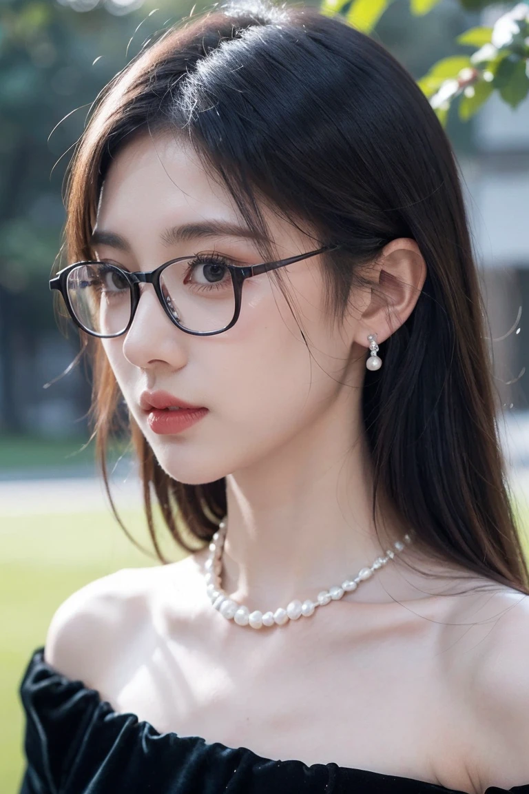 beautiful woman looking down at her phone, closeup side profile of woman's face, woman in black dress with off-the-shoulder sleeves, pearl earrings and necklace, wearing glasses, intense and longing gaze, high-quality realistic portrait photograph, natural skin tones, soft lighting, shallow depth of field, photorealistic, 8k, hyper-detailed, intricate details