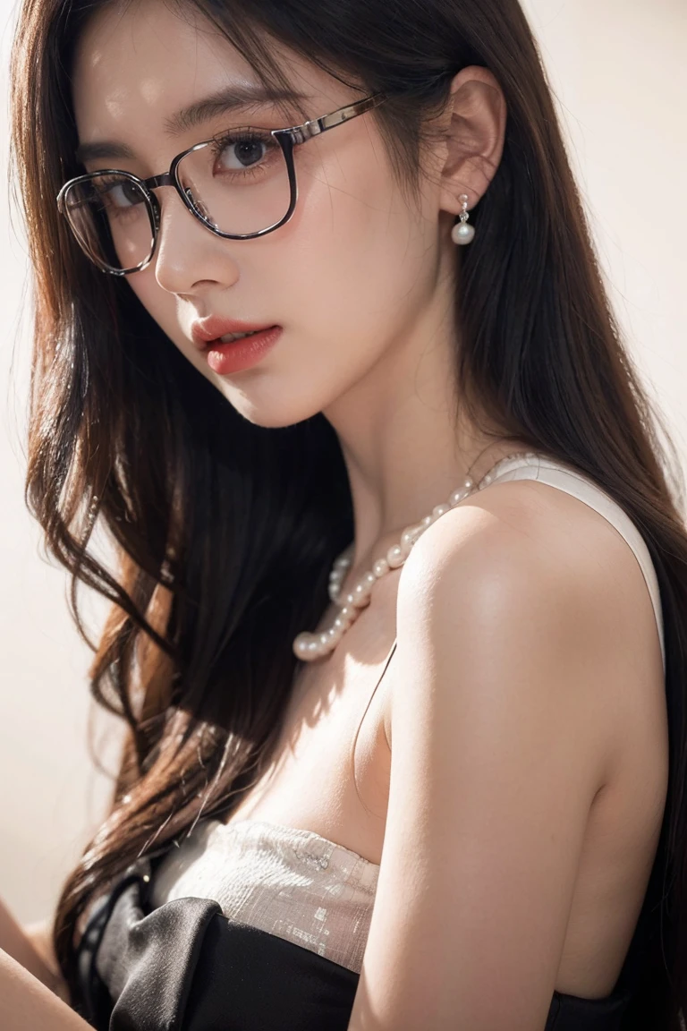 beautiful woman looking down at her phone, closeup side profile of woman's face, woman in black dress with off-the-shoulder sleeves, pearl earrings and necklace, wearing glasses, intense and longing gaze, high-quality realistic portrait photograph, natural skin tones, soft lighting, shallow depth of field, photorealistic, 8k, hyper-detailed, intricate details