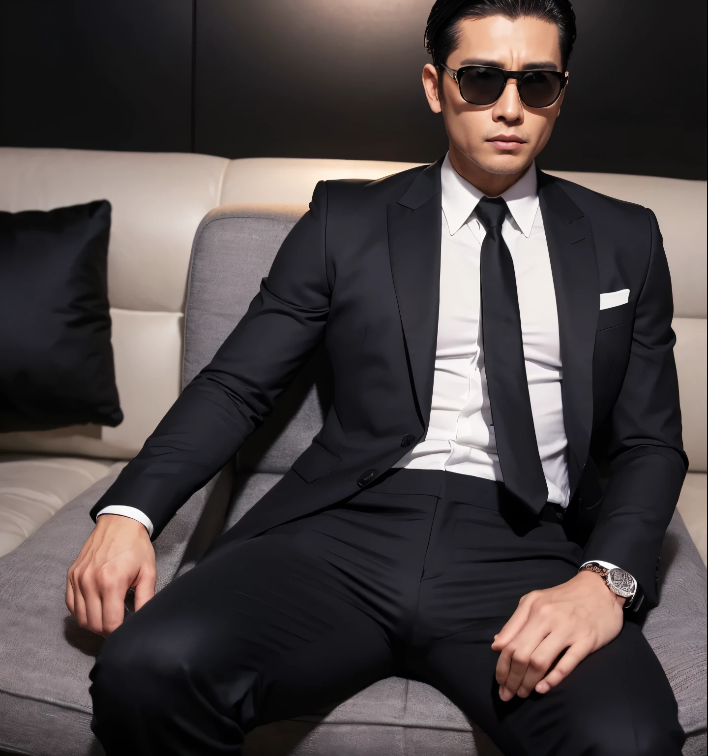 40 years old,One Man,Black suit、mafia、battlefield、Sitting with a large ?????? open。The crotch area of the pants is bulging,logic,Gay ,Very short slicked back hair、Stubble,Asian Face,Black sunglasses。Scream。