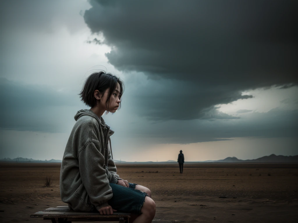 Generate a unique, never-before-seen image that embodies the themes of sadness, melancholy, loneliness and depression. Imagine a vast, arid landscape under a dark, overcast sky with heavy, threatening clouds. Colors should be desaturated, with muted grays, blues, and earth tones dominating the scene. In the center, place a solitary figure, wrapped in tattered clothing, sitting on an old, crumbling bench. This figure should appear faded into the background, almost ghostly, symbolizing a sense of disappearance and hopelessness. Surround this figure with surreal elements such as broken floating mirrors to represent the distorted sense of time, withered flowers that defy gravity, and fragmented mirrors that reflect a distorted and sad face. In the distance, add shadowy, faceless silhouettes that evoke a feeling of being watched but isolated, heightening the feeling of paranoia and detachment. Make sure the overall atmosphere is heavy and oppressive, with intricate details drawing the viewer into a hauntingly beautiful yet deeply emotional and introspective world.