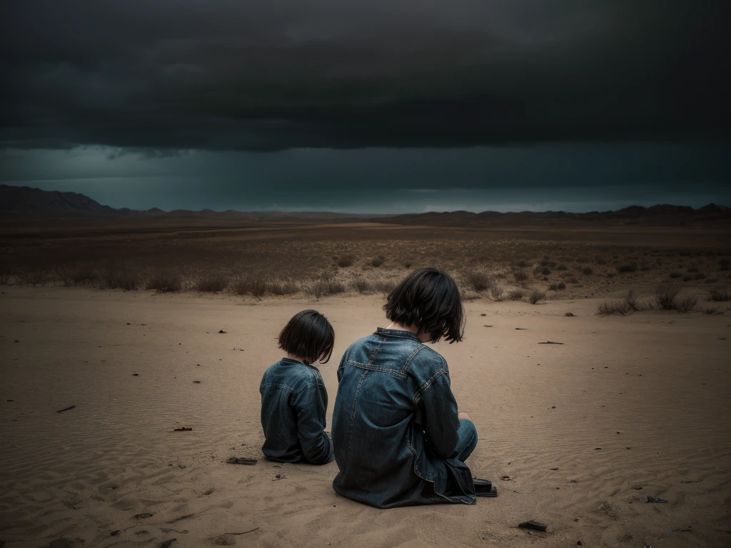 Generate a unique, never-before-seen image that embodies the themes of sadness, melancholy, loneliness and depression. Imagine a vast, arid landscape under a dark, overcast sky with heavy, threatening clouds. Colors should be desaturated, with muted grays, blues, and earth tones dominating the scene. In the center, place a solitary figure, wrapped in tattered clothing, sitting on an old, crumbling bench. This figure should appear faded into the background, almost ghostly, symbolizing a sense of disappearance and hopelessness. Surround this figure with surreal elements such as broken floating mirrors to represent the distorted sense of time, withered flowers that defy gravity, and fragmented mirrors that reflect a distorted and sad face. In the distance, add shadowy, faceless silhouettes that evoke a feeling of being watched but isolated, heightening the feeling of paranoia and detachment. Make sure the overall atmosphere is heavy and oppressive, with intricate details drawing the viewer into a hauntingly beautiful yet deeply emotional and introspective world.