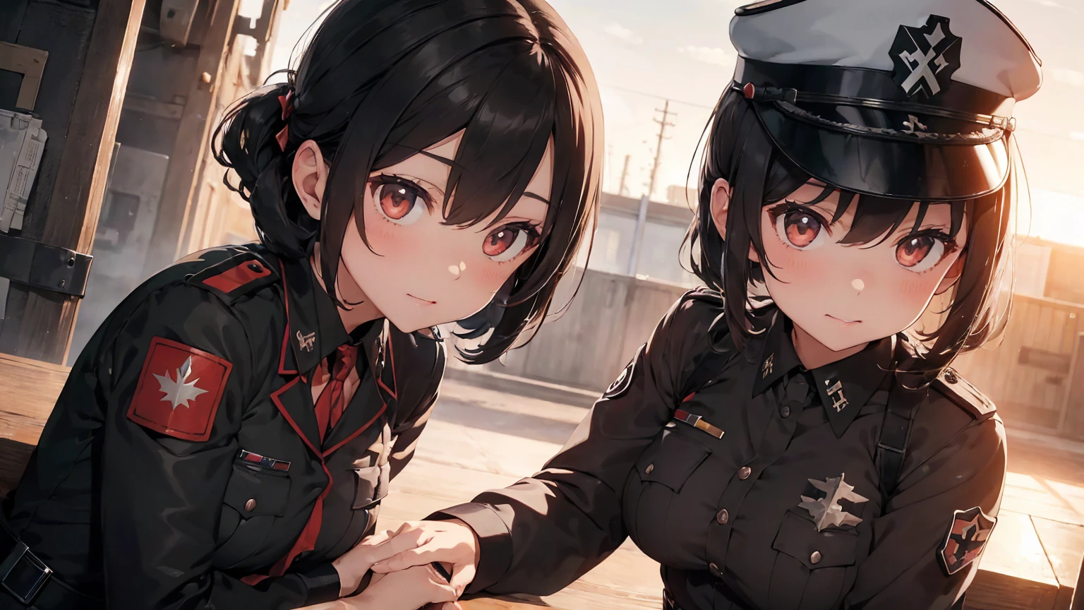 Gestapo uniform, female lesbian kawaii sisters kissing passionately with T-54 military tank. wearing Luftwaffe uniforms. 8k. masterpiece. best quality. best artwork. lingerie. Swastika insignia red armband. bare breasts. sunset