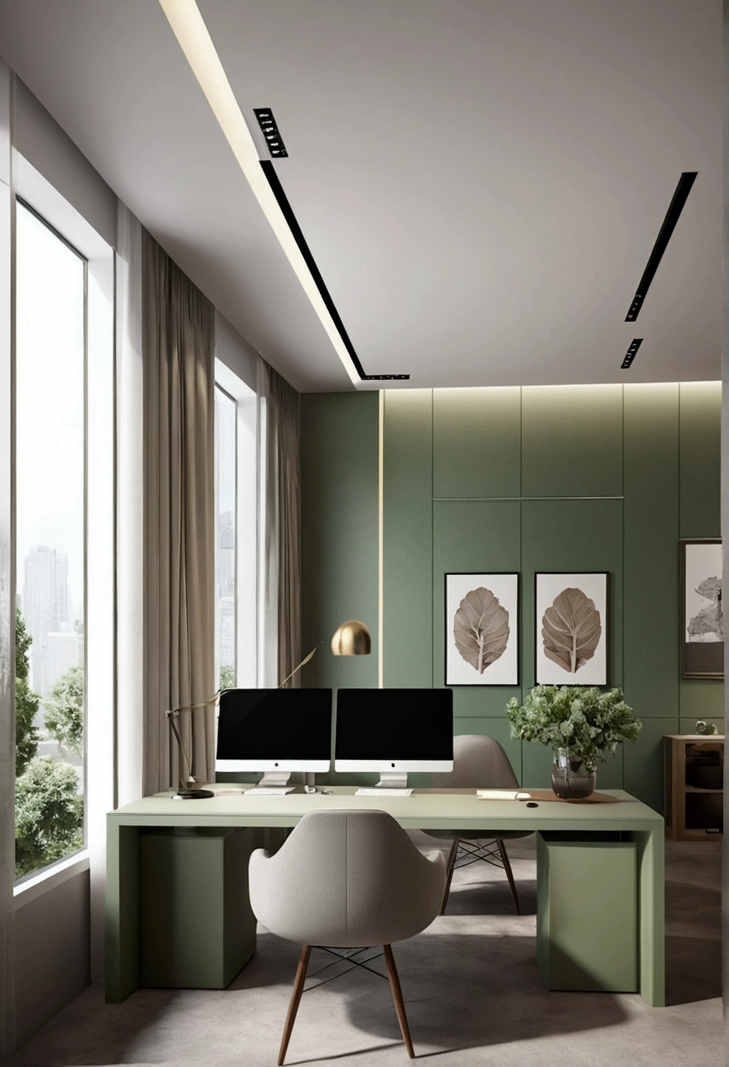 Professional 3d architecture rendering design of modern and minimal architecture office design with art and artichoke color and high quality and detail