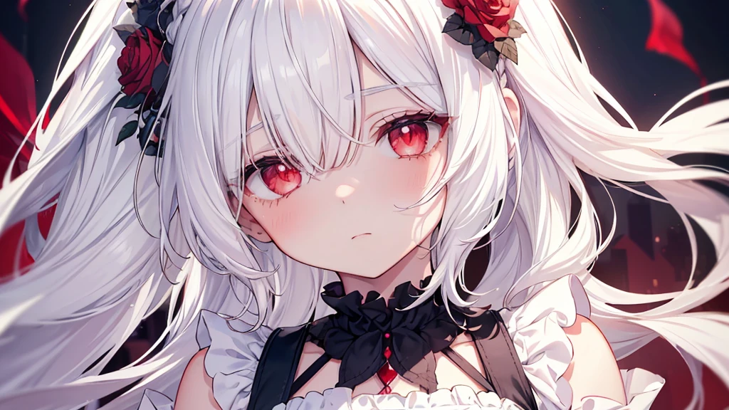 (limited palette), best quality, (((masterpiece))), (((beautiful detailed hair))), (((beautiful detailed skin))), solo, , younger, loli, (((whhair))), red eyes, (mascara), blunt bangs, ((hair over eyes)), long hair, medium breasts, frilled white dress, white frills, too many frills, rose, noble, loyal, brides hair head, (((eye focus))), (((expressionless))), blurry background, empty eyes, blank eyes, (red theme), bedroom background, looking at viewer, (((hair tucking))), (((night))), half-closed eyes, close-up, (((hair ornament))), upright body, Neatly cut bangs, braided hair behind head, sleeveless dress,