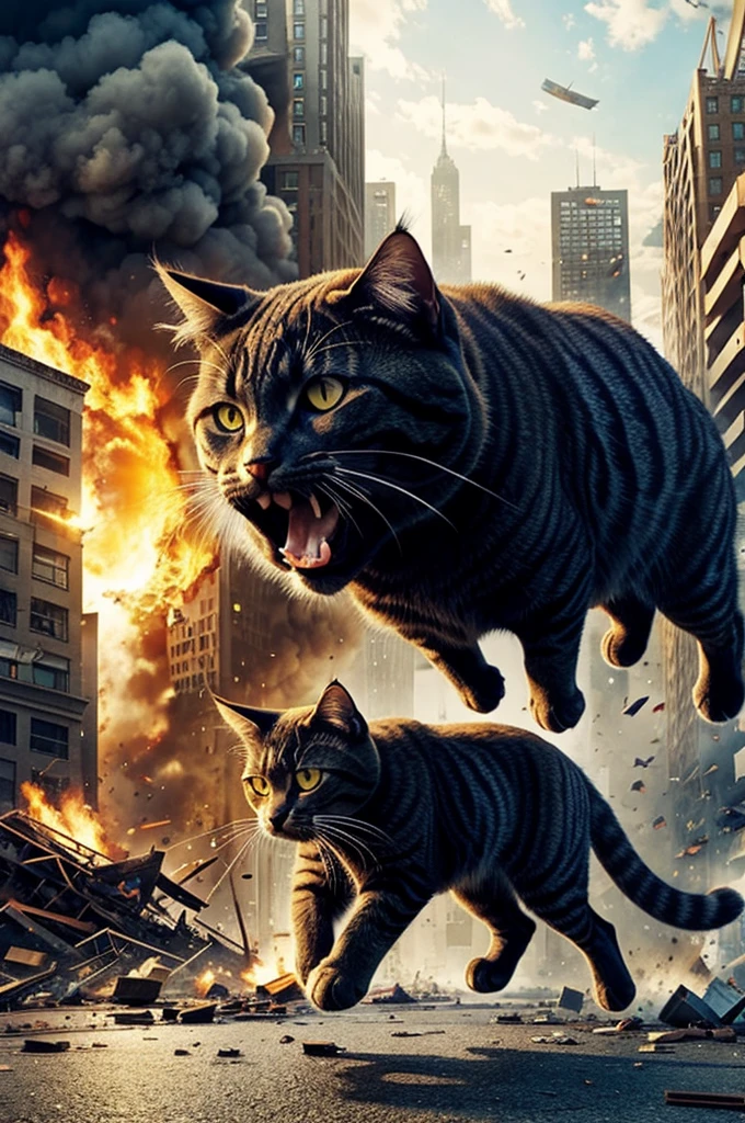 Very very very huge cat destroying ruining crashing city mad expression