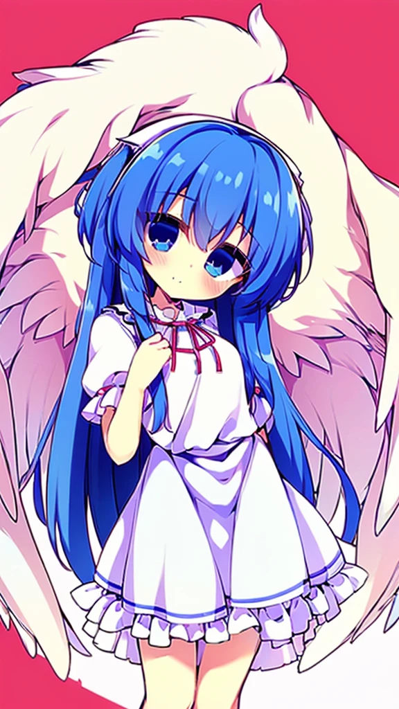 (best quality,4k,8k,highres,masterpiece:1.2), top-quality(masterpiece), top-quality, ultra-detailed, highly detailed texture, intricate details, high quality textures, A cute teenage angel with blue eyes, big pink ribbon in her hair, drawn in anime style, 1girl, (((1girl in))), , 10 years old, (((loli))), ((childish)), medium blue hair, hair flaps, pink ribbon on head, well-formed face, Beautiful face, blue eyes, pretty eyes, angel girl, white blouse, puffy short sleeves, red ribbon, angel wings, long white skirt, red shoes, frills, ribbon head, A pair of angel wings on the back, clean line drawings, cute