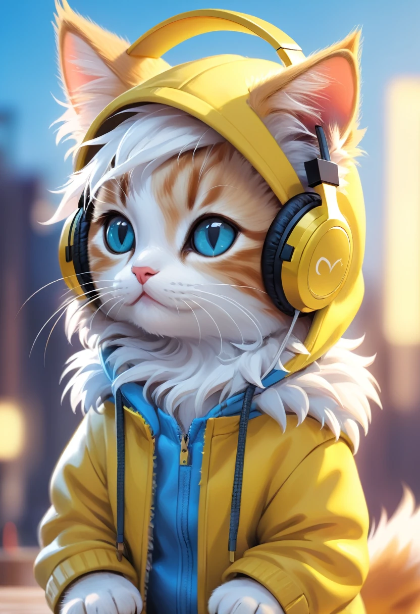 Cute kitten with fluffy fur and yellow clothes, Hoodie and headphones, The background is modern and inorganic, Adorable digital painting, 3D Rendering, Bright lighting, Vibrant colors, The background is blue sky