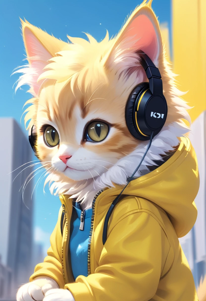 Cute kitten with fluffy fur and yellow clothes, Hoodie and headphones, The background is modern and inorganic, Adorable digital painting, 3D Rendering, Bright lighting, Vibrant colors,  The background is blue sky