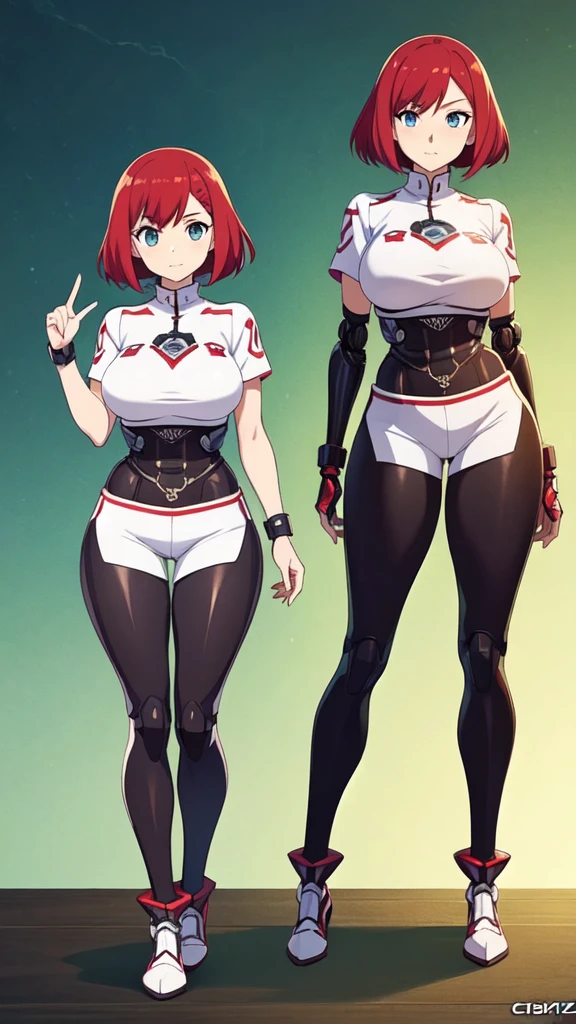 anime girl with red hair and white top and white shorts, , anime character art, female protagonist 👀 :8, official character art, full body portrait of a short!, detailed anime character art, cushart krenz key art feminine, biomechanical oppai, official artwork, gynoid body, knights of zodiac girl, anime goddess