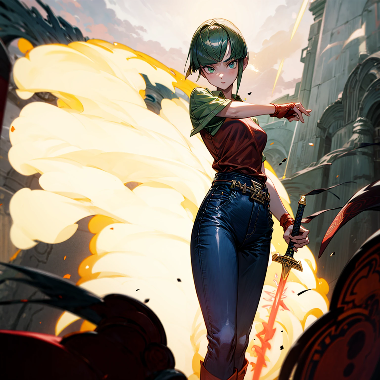 1girl, Full body version, 1character, green eyes, short haircut, (green color hair), undershirt style clothing, red colour clothing, jeans, belt, boots, Grassroots, full background in street city, (motion blur), (detective conan style art), sword in hand, fire effect on sword, lighting effect on sword, fire effect, blood on sword, smoke effect, fire effect