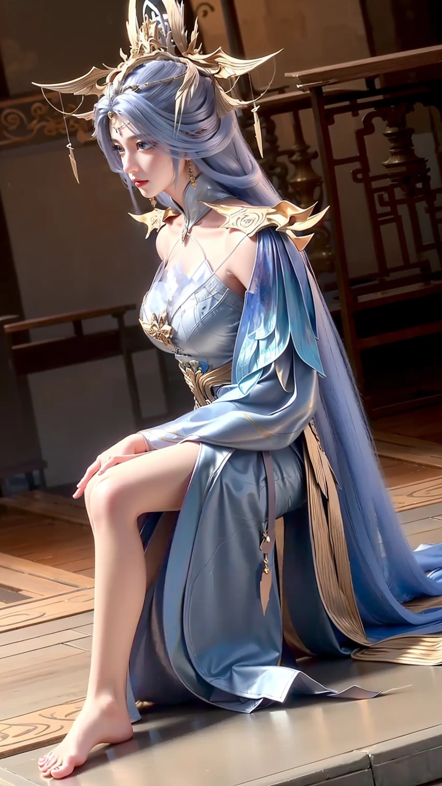 A beautiful young woman,Long hair,Wearing pajamas,Sitting on the bed,barefoot,Wearing a dress,Side-lying,Cross-legged,Full body shot,(Best picture quality,4K,8k,high-definition,excellent work:1.2),Ultra Detail,(Realistic,Realistic,Realistic:1.37),Delicate eyes,Delicate lips,Extremely detailed face and eyes,Long eyelashes,Natural light,Warm colors,Soft Focus,portrait,Chiaroscuro,Deep scene,Jade Hands,Clear fingers,(((浅蓝色Long hair)))