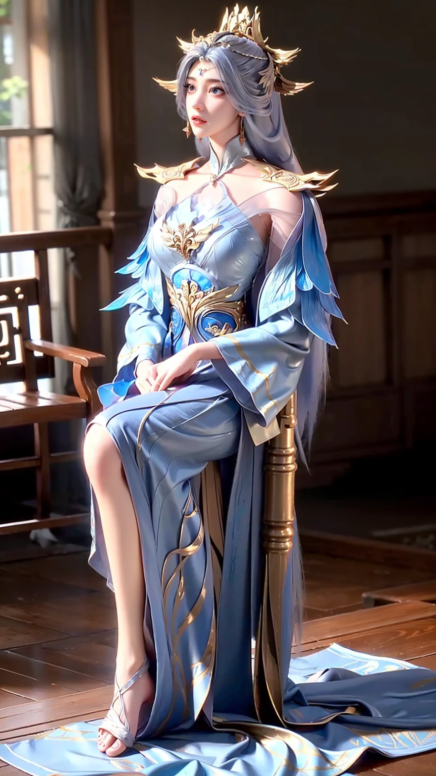 A beautiful young woman,Long hair,Wearing pajamas,Sitting on the bed,barefoot,Wearing a dress,Side-lying,Cross-legged,Full body shot,(Best picture quality,4K,8k,high-definition,excellent work:1.2),Ultra Detail,(Realistic,Realistic,Realistic:1.37),Delicate eyes,Delicate lips,Extremely detailed face and eyes,Long eyelashes,Natural light,Warm colors,Soft Focus,portrait,Chiaroscuro,Deep scene,Jade Hands,Clear fingers,(((浅蓝色Long hair)))