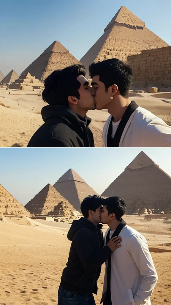 Two Egyptian cartoon boys kissing in front of the Egyptian pyramids