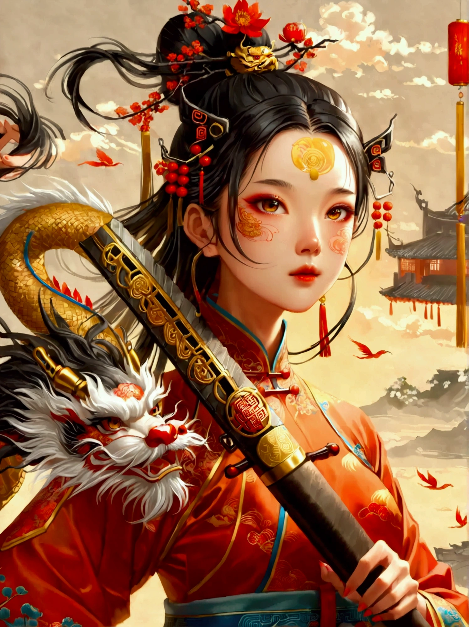 Chinese style，Ancient battlefield，Chinese female general，Holding a long sword，Grim expression，whole body，Stunning facial features，Red robe，armor，boots，Yellow sand in the sky，Fire，Game Model，stunning light and shadow，OC Rendering，Rim Light，Delicate light，Super Fine，Epic Composition，Ultra HD，(Aesthetics and aesthetics:1.2)，(Chinese girl&#39;s facial features:1.8)，(Front view:1.9)，(以广角镜头拍摄whole body的顶级摄影师作品:1.5)，Looking at the audience，masterpiece，Best quality，Anatomically correct，Textured Skin，Super Detail，8k，high resolution，Vibrant colors, Thick Line, wave, Multi-layer, prospect, 