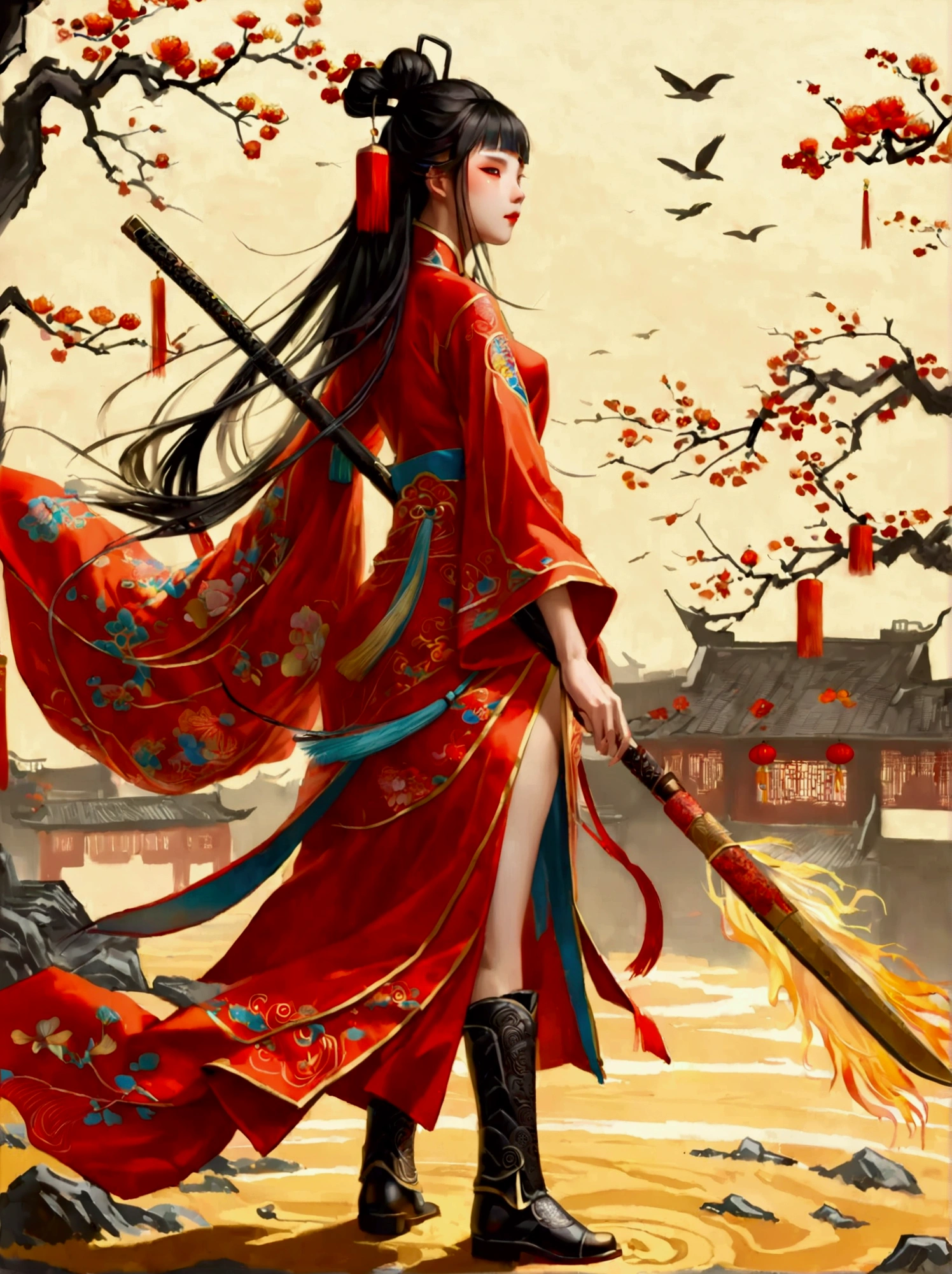 Chinese style，Ancient battlefield，Chinese female general，Holding a long sword，Grim expression，whole body，Stunning facial features，Red robe，armor，boots，Yellow sand in the sky，Fire，Game Model，stunning light and shadow，OC Rendering，Rim Light，Delicate light，Super Fine，Epic Composition，Ultra HD，(Aesthetics and aesthetics:1.2)，(Chinese girl&#39;s facial features:1.8)，(Front view:1.9)，(以广角镜头拍摄whole body的顶级摄影师作品:1.5)，Looking at the audience，masterpiece，Best quality，Anatomically correct，Textured Skin，Super Detail，8k，high resolution，Vibrant colors, Thick Line, wave, Multi-layer, prospect, 