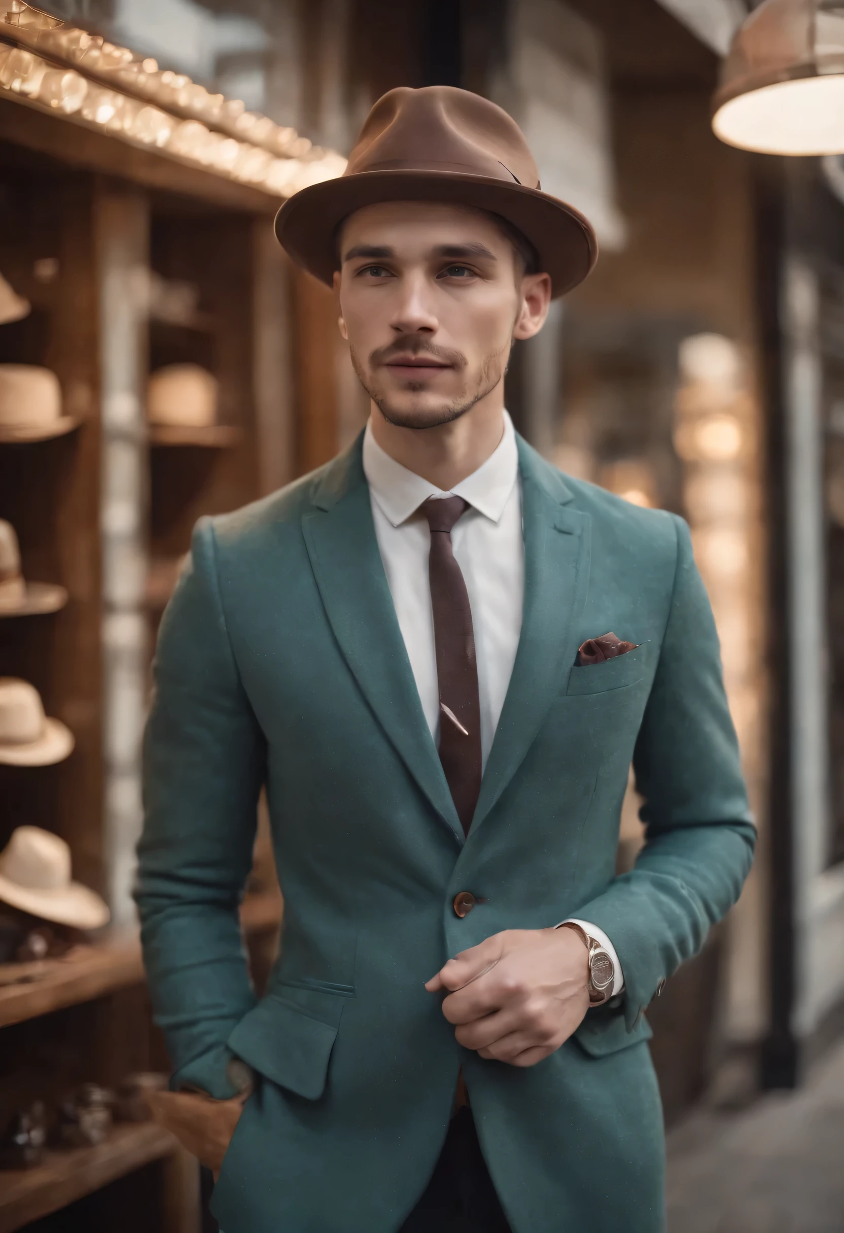 young hipster style man standing from front, wears retro suit, puts on hat, head down, hat shop in background, side lighting, half length shot, high quality photo.