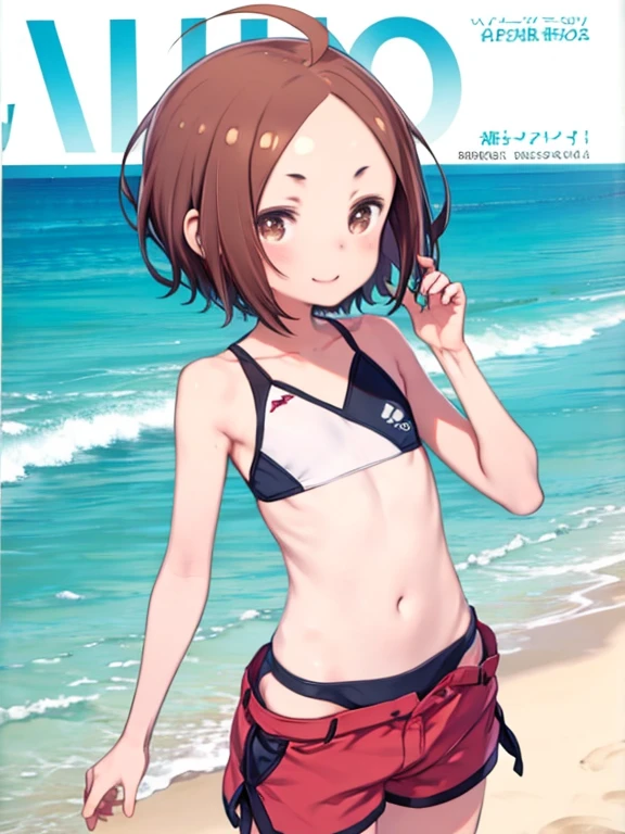 One Man、12 years old、short hair、Straight Hair、Flat Hair、Brown Hair、Brown eyes、Forehead、Ahoge、Swimwear、Shorts、Upper Body、Ocean、beach、laughing、