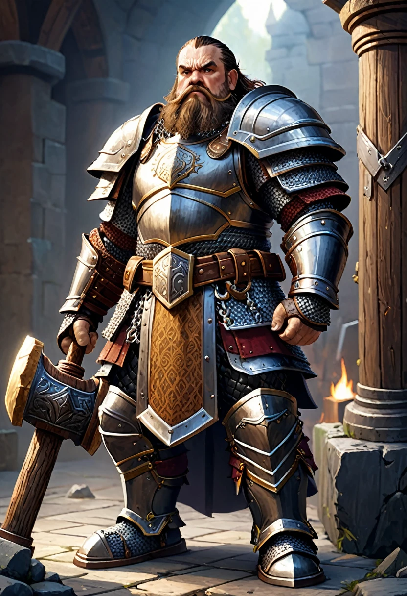 dwarf with heavy chain armor. he is holding a hammer