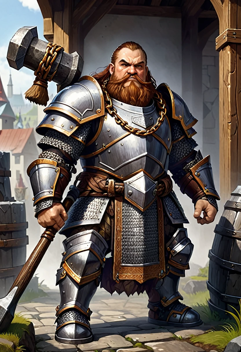 dwarf with heavy chain armor. he is holding a hammer