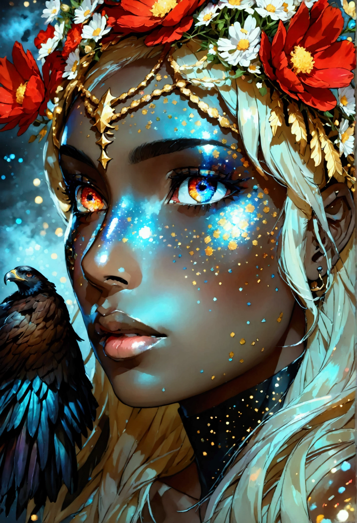 PORTRAIT, only face portrait, macro, a LATINO battle angel portrait NEXT TO An eagle , beautiful black skin with sparkles and glitter, long golden hair with red and blure flowers on hair, shiny and lightening eyes, cosmos eyes, next to a bird, highly detailed fur (vectorized) , detailed skin, anime style< image is compelling with dynamic composition and energetic posing. Include many fantasy details such as bumps, phantasmal iridescence, glitter, galaxy, cosmos, ((dark celestialskin body, void cosmic body)), (((dark background))), (((lights off))), (((hollywood dark))), horror, dramatic shadows, (in a dark fantasy space:1.3, glitter, sparkle, gleam) vector digital illustration, (black background:1.5)sharp