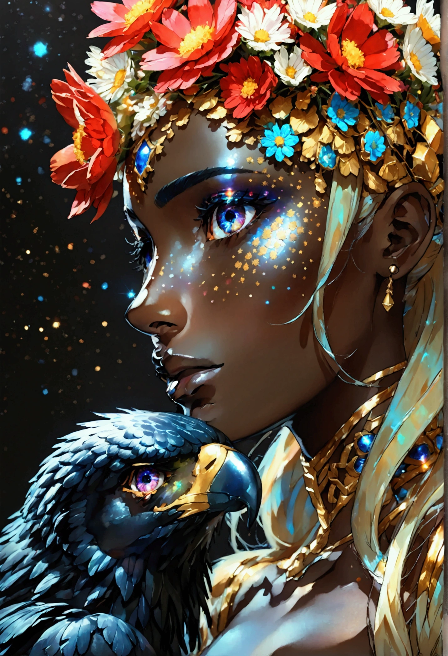 PORTRAIT, only face portrait, macro, a LATINO battle angel portrait NEXT TO An eagle , beautiful black skin with sparkles and glitter, long golden hair with red and blure flowers on hair, shiny and lightening eyes, cosmos eyes, next to a bird, highly detailed fur (vectorized) , detailed skin, anime style< image is compelling with dynamic composition and energetic posing. Include many fantasy details such as bumps, phantasmal iridescence, glitter, galaxy, cosmos, ((dark celestialskin body, void cosmic body)), (((dark background))), (((lights off))), (((hollywood dark))), horror, dramatic shadows, (in a dark fantasy space:1.3, glitter, sparkle, gleam) vector digital illustration, (black background:1.5)sharp