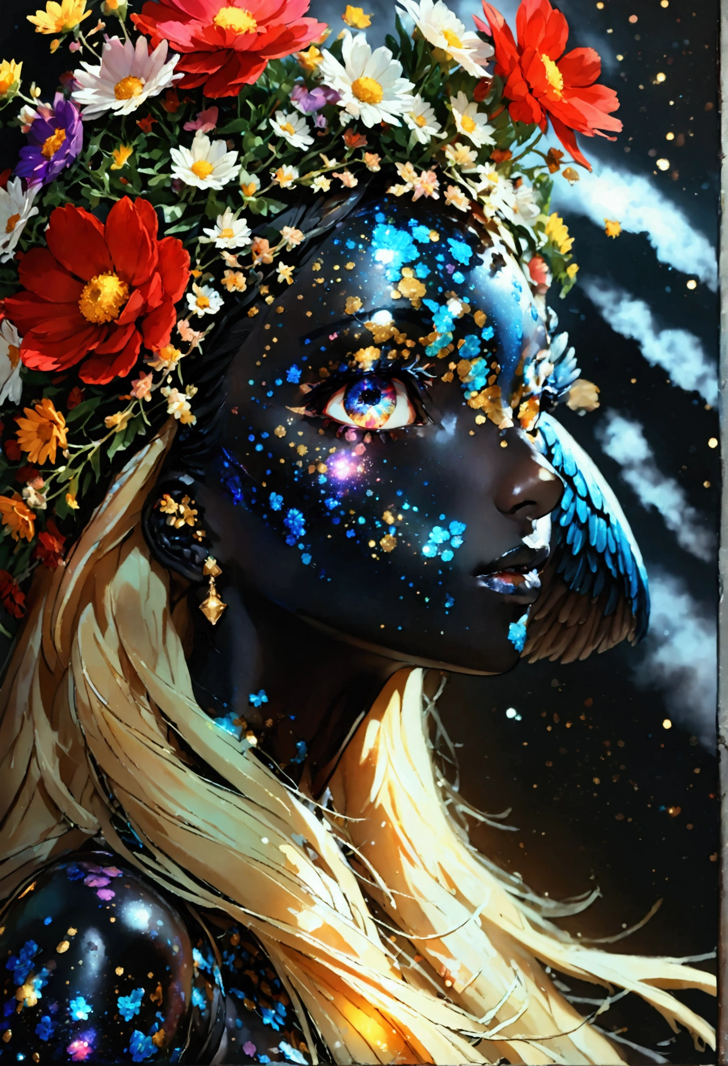 PORTRAIT, only face portrait, macro, a LATINO battle angel portrait NEXT TO An eagle , beautiful black skin with sparkles and glitter, long golden hair with red and blure flowers on hair, shiny and lightening eyes, cosmos eyes, next to a bird, highly detailed fur (vectorized) , detailed skin, anime style< image is compelling with dynamic composition and energetic posing. Include many fantasy details such as bumps, phantasmal iridescence, glitter, galaxy, cosmos, ((dark celestialskin body, void cosmic body)), (((dark background))), (((lights off))), (((hollywood dark))), horror, dramatic shadows, (in a dark fantasy space:1.3, glitter, sparkle, gleam) vector digital illustration, (black background:1.5)sharp