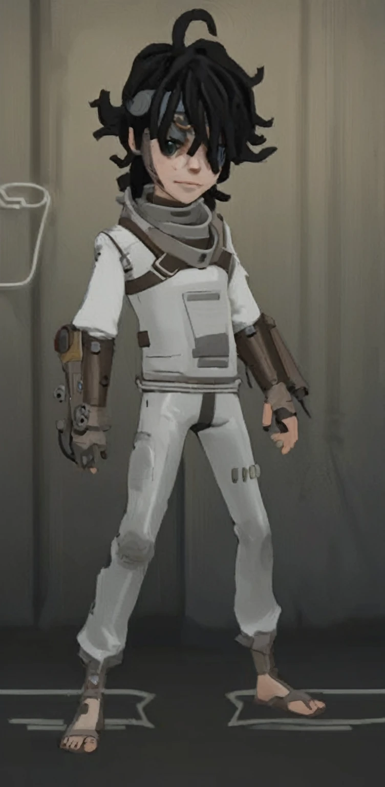 Close-up：A dreadlock、Cartoon character wearing white shirt, Dusty Patient Clothing, Wearing Dark Universe Mercenary Outfit, Sci-fi skin, dystopian scifi outfit, Mechanical punk outfit, matt white color armor, Perfect for space, Star Pathfinder Style, Moon Themed Clothing, modern spacesuit, futuristic spacesuit, Chrome equipment, Sci-fi suit