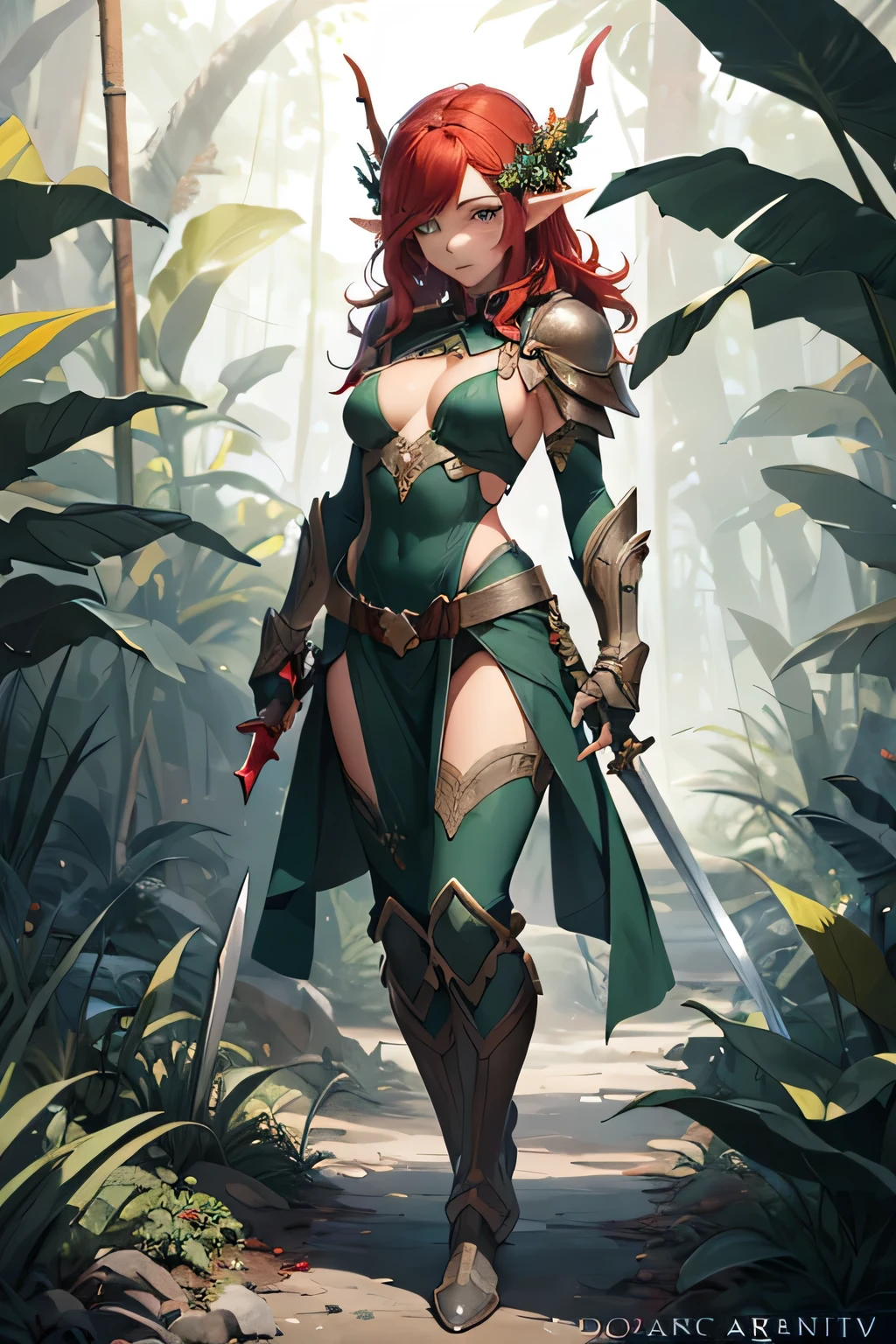 ((best quality)), ((masterpiece)), (detailed), 1girl, (elf), (grey eyes), (red hair), (green elven armor), (long sword), (red sword), (jungle background), (wild hair), (flower magic), (perfect face), (full body), (perfect eyes), (perfect body), (small breast),