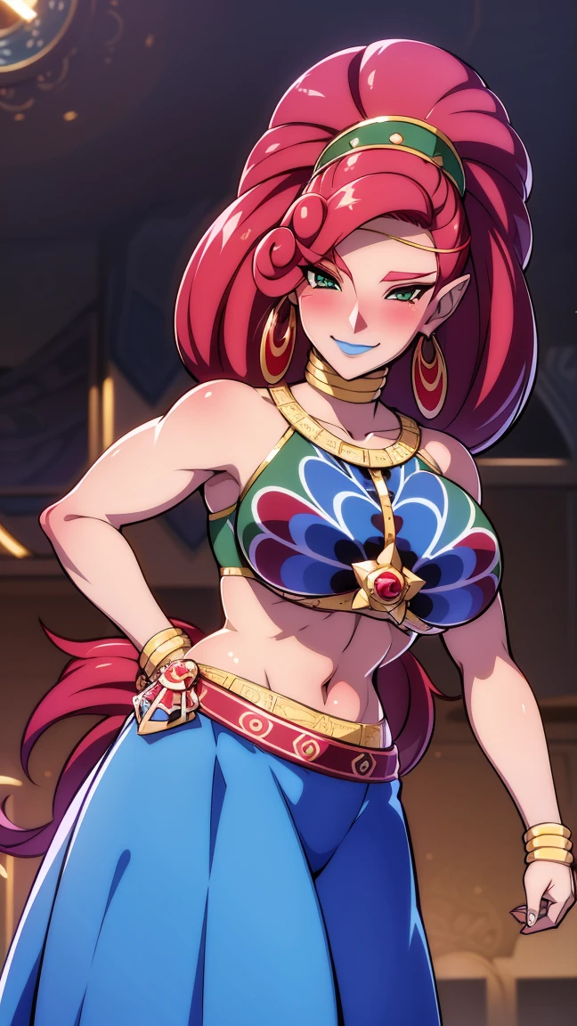 best quality amazon, large physique, high resolution, large breasts, red hair, blush, smile, cowboy shot, looking at viewer, Urbosa, blue lip, muscular,