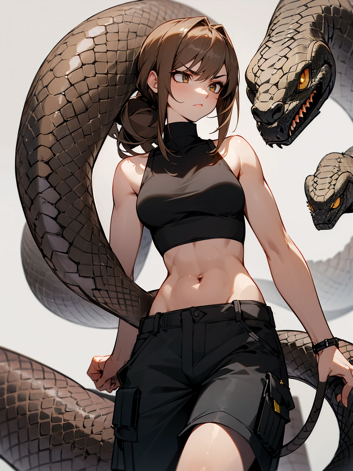 1female, snake eyes, brown snake hair, reptile skin, tank top, black baggy pants, serious, 