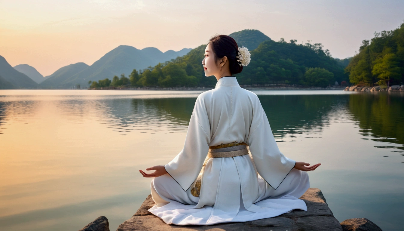 Korean woman, white robe, big eyes, smiling and meditating, facing away from the camera, kind gaze, full body photo, lake shore, background with calm lake water, Chinese style, details, movie lighting, high quality - ar 3:4 [picture] 3D, Surrealism, Movie Lighting, Ultra HD, Super Detail, Texture Skin, Ultra HD, Accuracy, Texture Skin, High Detail