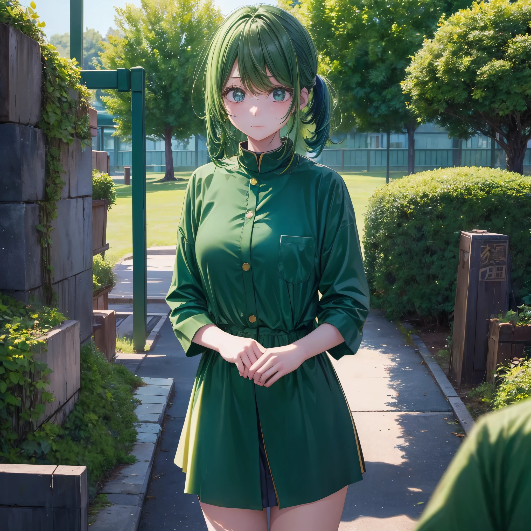 A clumsy, scatterbrained green-haired girl wearing green clothes。Embarrassed in a mature way