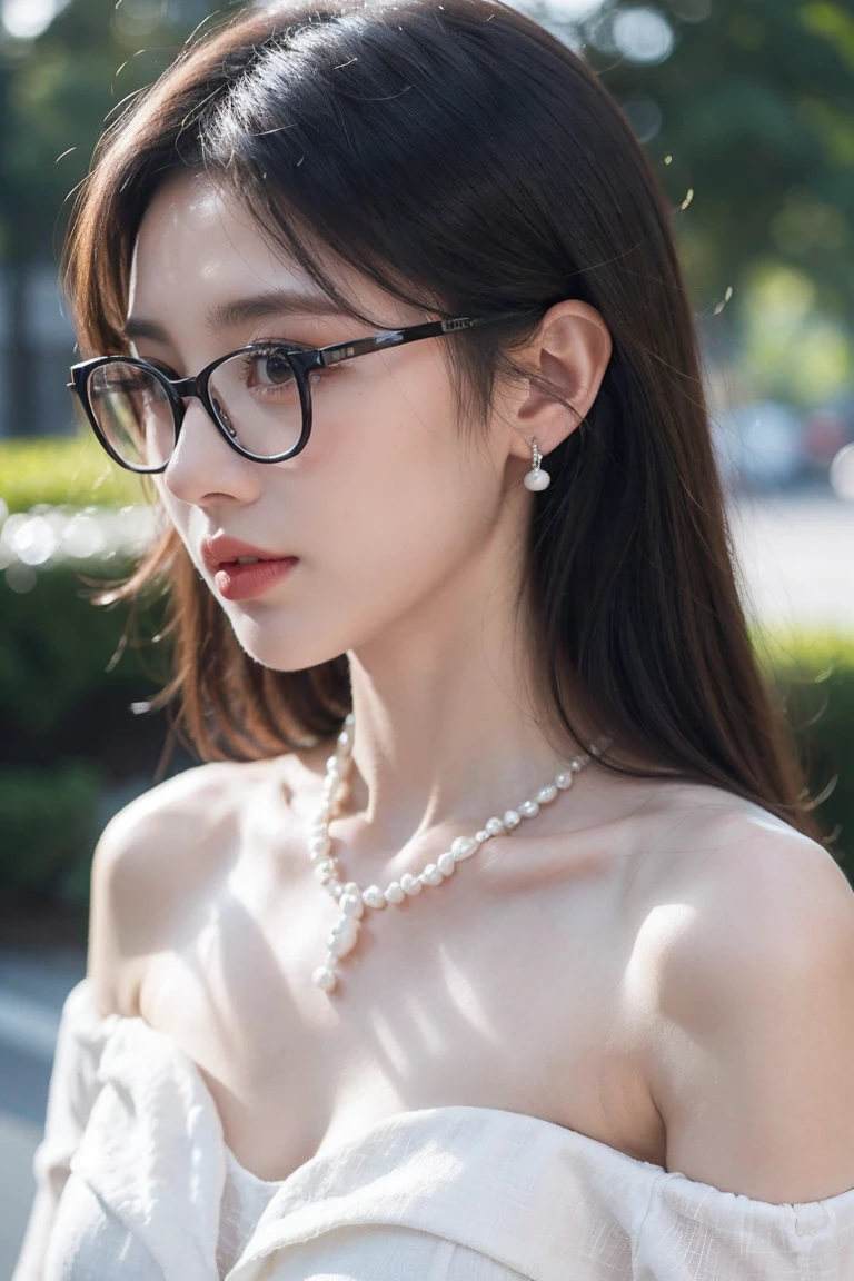 beautiful woman looking down at her phone, closeup side profile of woman's face, woman in black dress with off-the-shoulder sleeves, pearl earrings and necklace, wearing glasses, intense and longing gaze, high-quality realistic portrait photograph, natural skin tones, soft lighting, shallow depth of field, photorealistic, 8k, hyper-detailed, intricate details